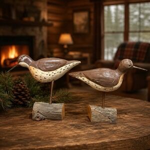 Vintage Hand Carved Snipe Bird Decoy Pair Signed Numbered Folk Art Rustic Decor